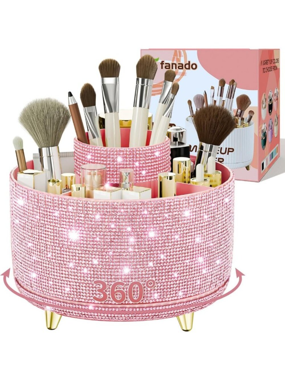 360° Rotating Diamond Makeup Brush Holder - 5 Slot Organizer for Vanity
